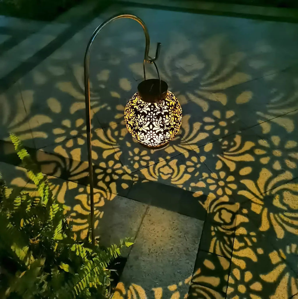 HOMEFISH Outdoor Solar Iron Art Hanging Light Hollow LED Waterproof Landscape Projection Lamp for Garden Decor